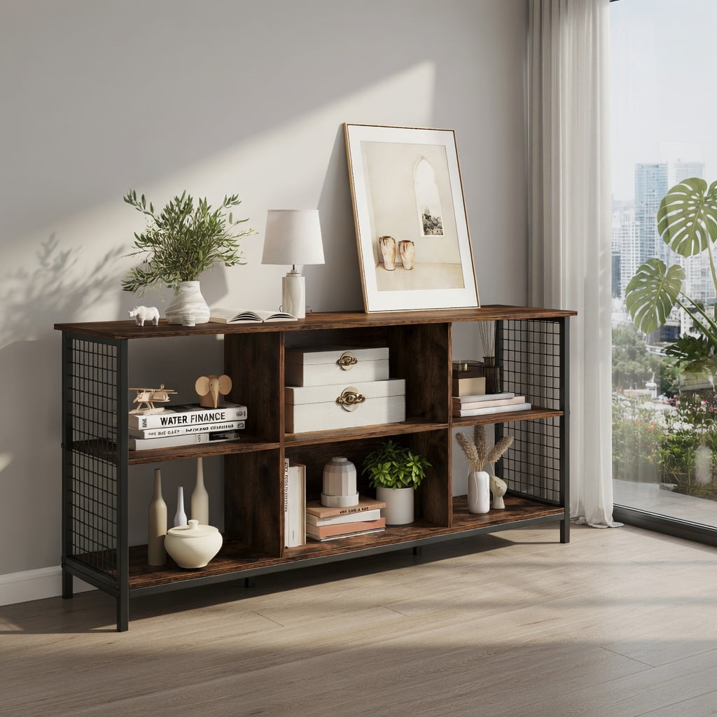 Demi Bonn TV Stand for 65" TVs, Built-in Charging Station, 6-Cube Storage, Rustic Brown & Black