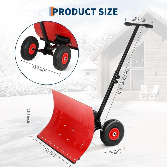 Eastvita Pelle à Neige 29,1 L x 16,5 H avec Roues, Pousse-Neige Robuste avec Poignée à Angle/hauteur Réglables pour le Déneigement (Rouge)