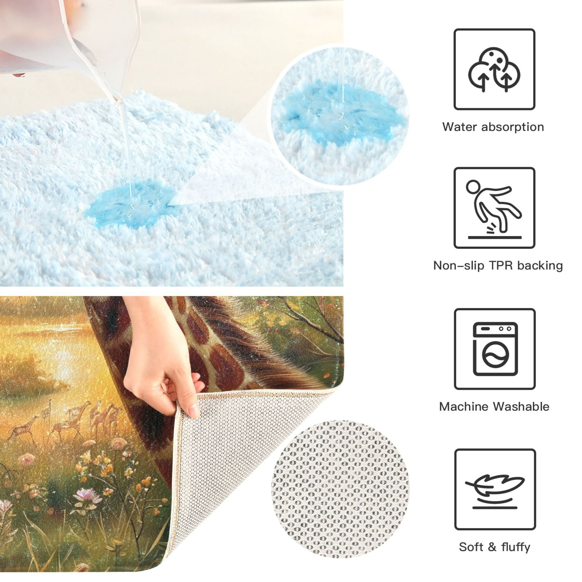Toilet Rug Set Non-Slip Bathroom Rugs Soft Plush Machine Washable Contour Bath Mat Giraffes Family and Sunset 24x20/24x16