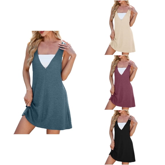 Antinious Women Solid V-Neck Sleeveless Reversible Loose Breathable Soft Dress