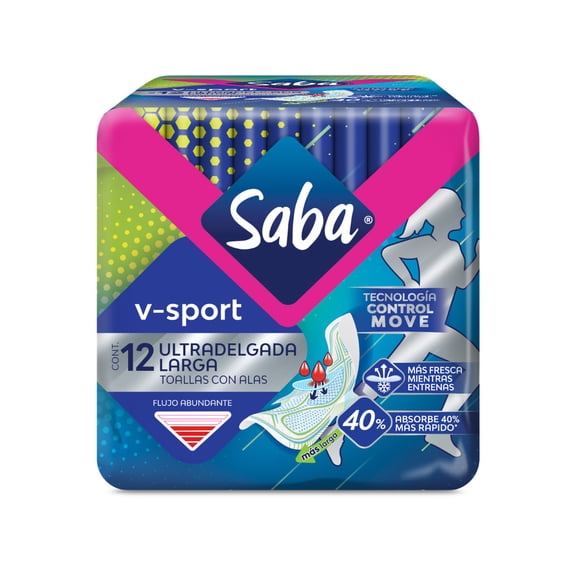 Toallas femeninas Saba v-sport ultradelgada larga con alas flujo abundante 12 pzas