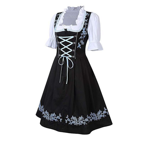 XIAOCHA Oktoberfest Floral Embroidery Dirndl Dress For Women Puff Short Sleeve Lace Up Gown