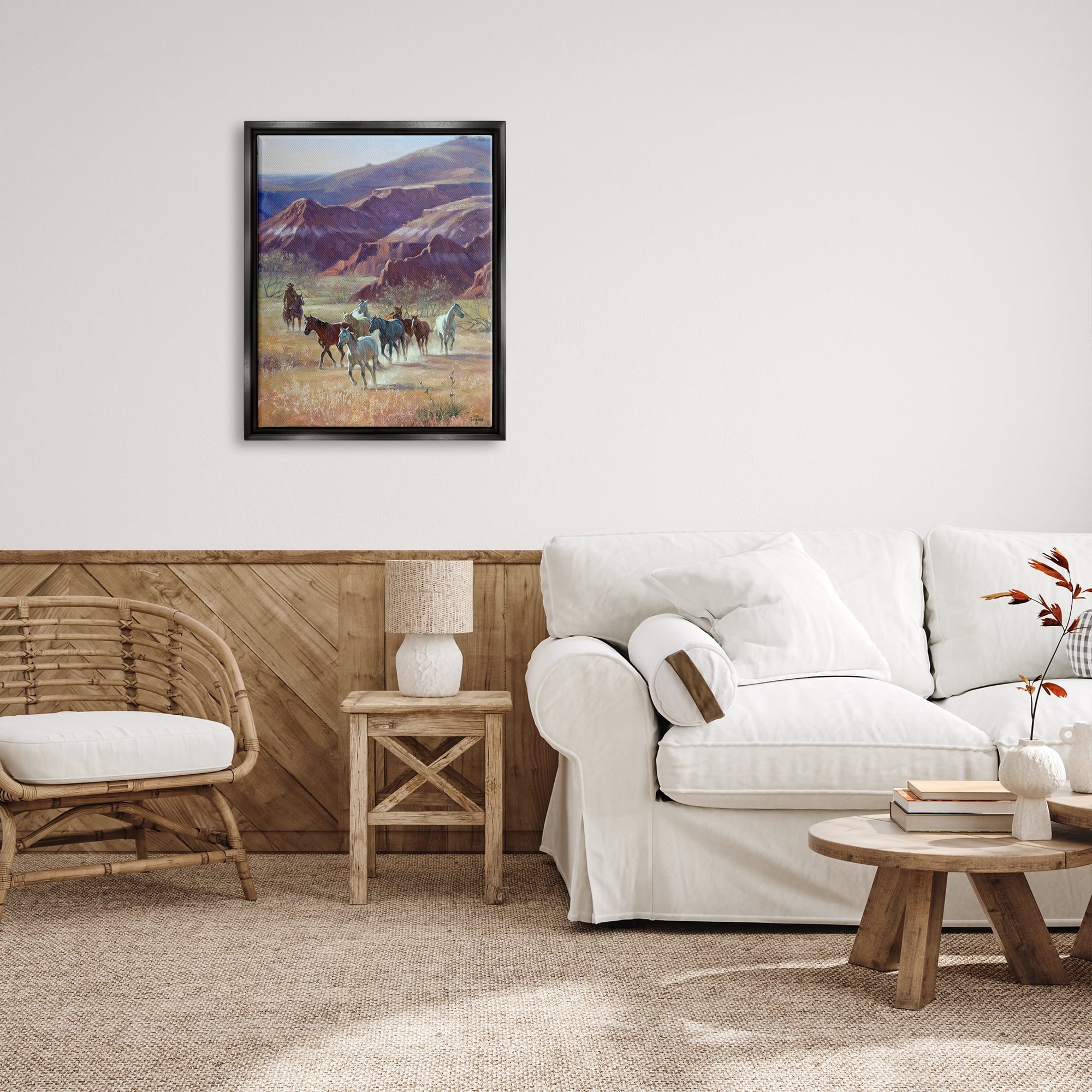 Stupell Industries Horses in Canyon Landscape Animals & Insects Painting Black Floater Framed Art Print Wall Art, 25 x 31