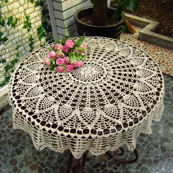 Ludlz Handmade Crochet Cotton Tablecloth Round Beige Crochet Tablecloths for Wedding Round Cotton Hand Crochet Hollow Out Tablecloth Wedding Dining Table Cloth Cover