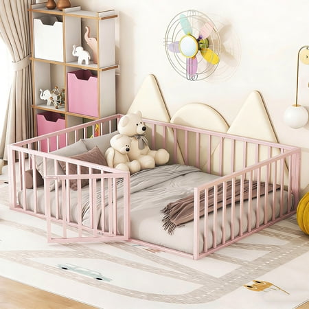 Bellemave Full Size Metal Floor Bed Frame, Montessori Bed with Safety Guardrails and Door, No Weight Limit and Easy Assemble Playhouse Full Bed Frame (Pink)