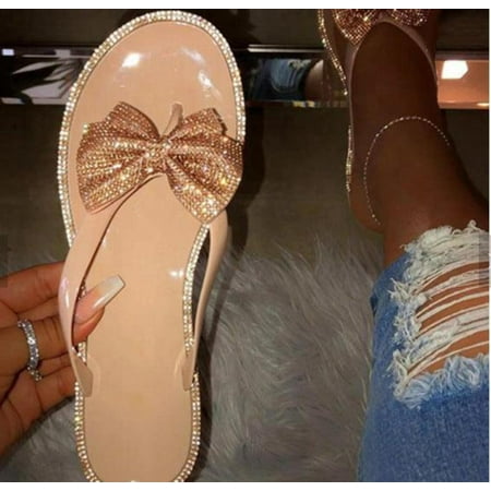 

Ladies summer flat bow rhinestone slippers