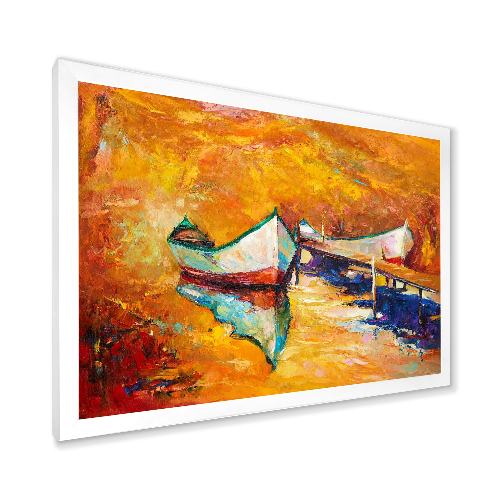 Little Boat During Warm and Orange Evening 32 in x 24 in Framed Painting Canvas Art Print, by Designart