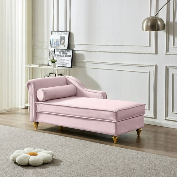 Soft Velvet Chaise Lounge with Storage & Solid Wood Frame (Pink)