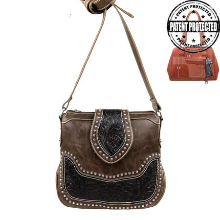 Montana West Ladies Concealed Gun Carrying Messenger Purse Tooled Leather Coffee