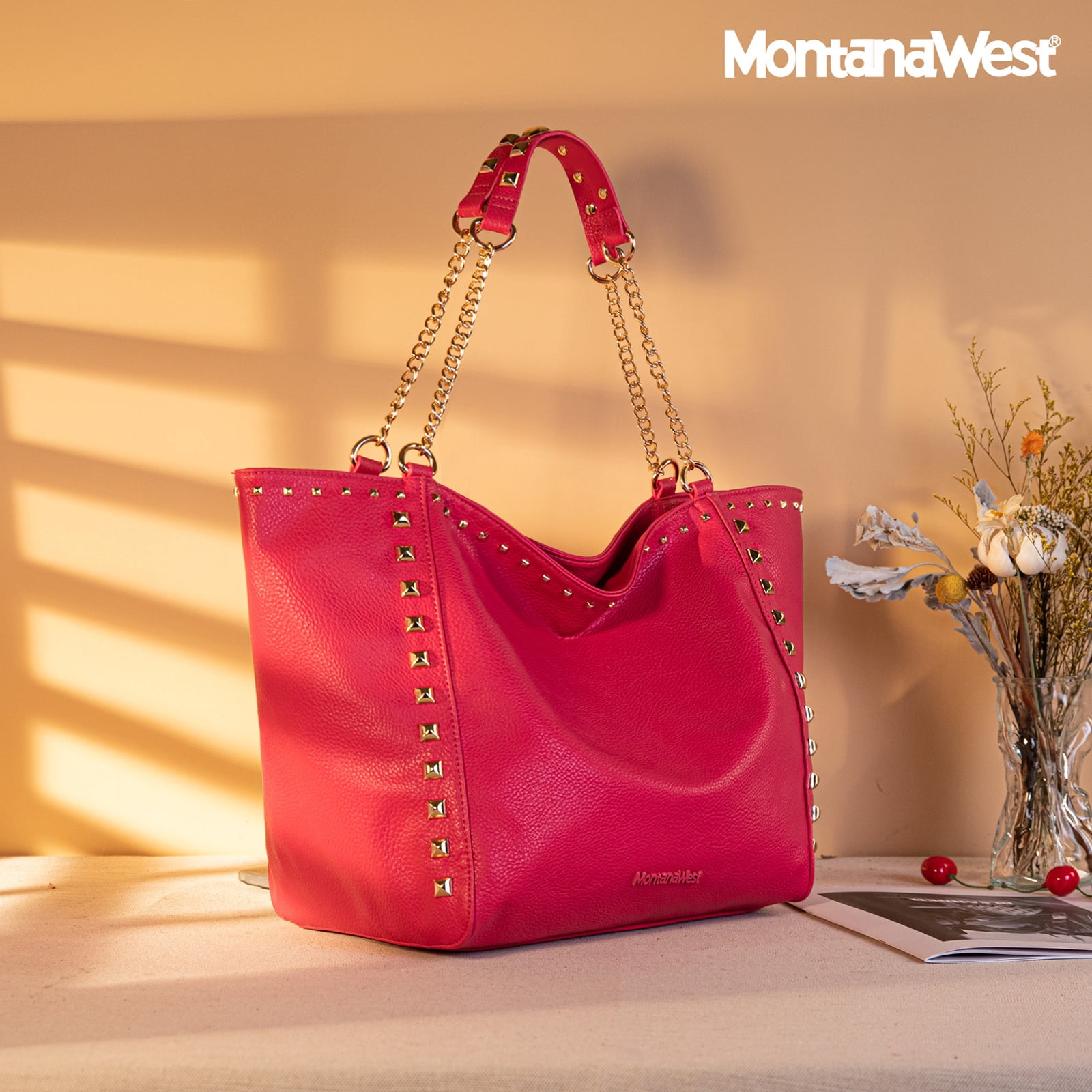 Montana West Large Tote Bag for Women Oversized Shoulder Purses with Chain Handbags, Hot Pink