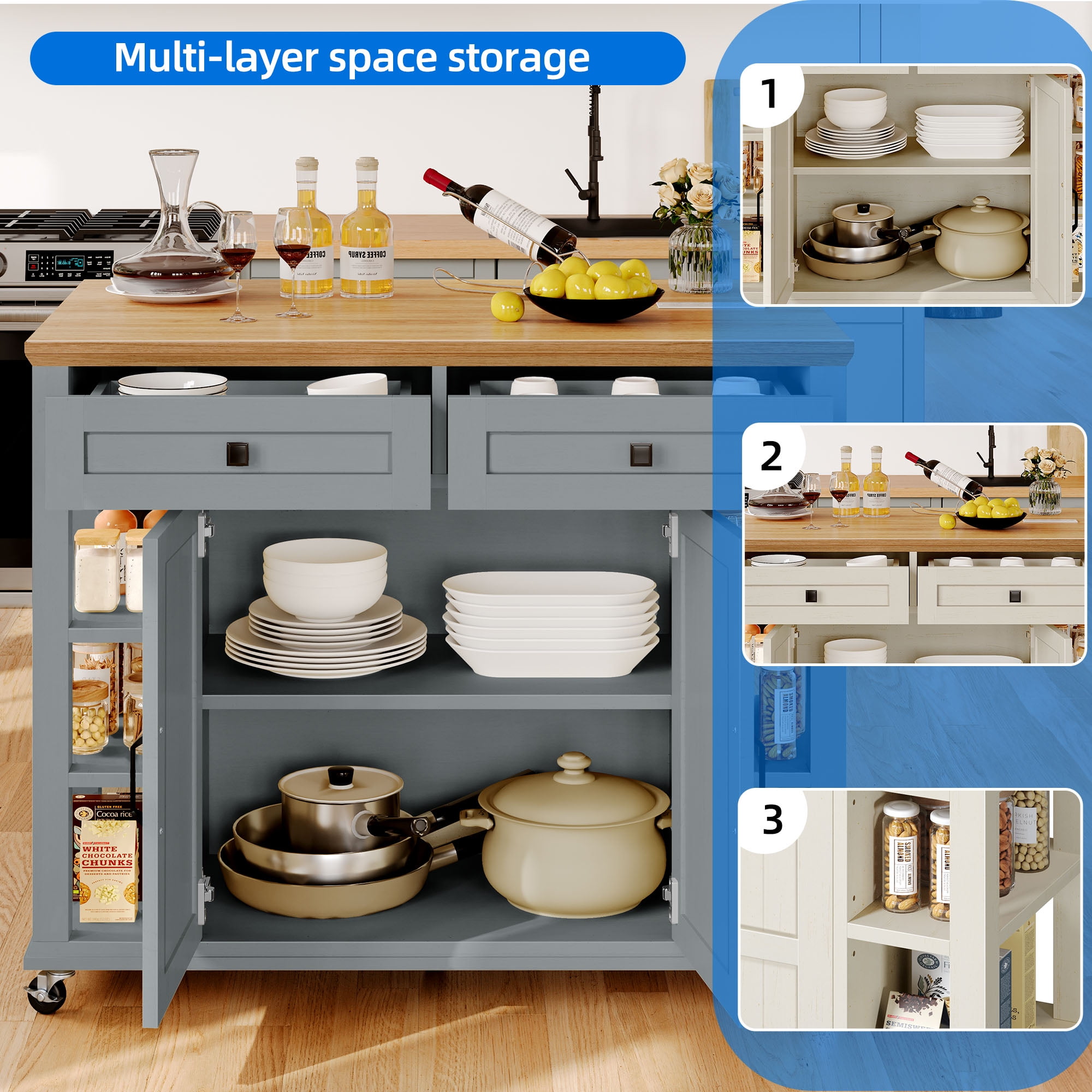 Uforic Kitchen Island Cart with Power Outlets, Kitchen Storage Trolley Cart with Storage Shelves & Drawers, Blue Gray