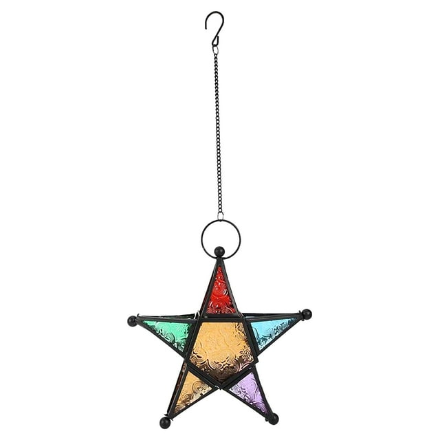 Linterna marroquí colgante en forma de estrella, portavelas de cristal de colores estilo hierro, tamaño 19 x 19 x 6 cm, para decoración de festivales en interiores y exteriores