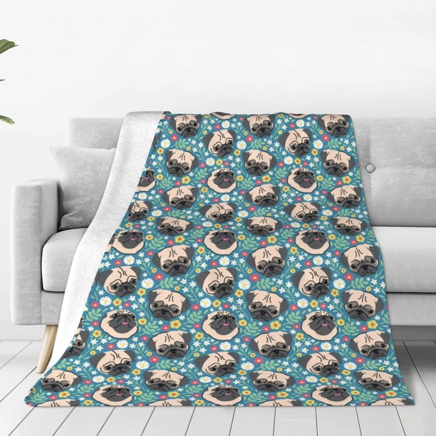 Balery PUG HEAD And Flower Manta de Felpa Suave y Acogedora – Cobija de Franela Aterciopelada para Cama, Lavable y Cálida para Sofá, Mascotas, Transpirable-60"x50"