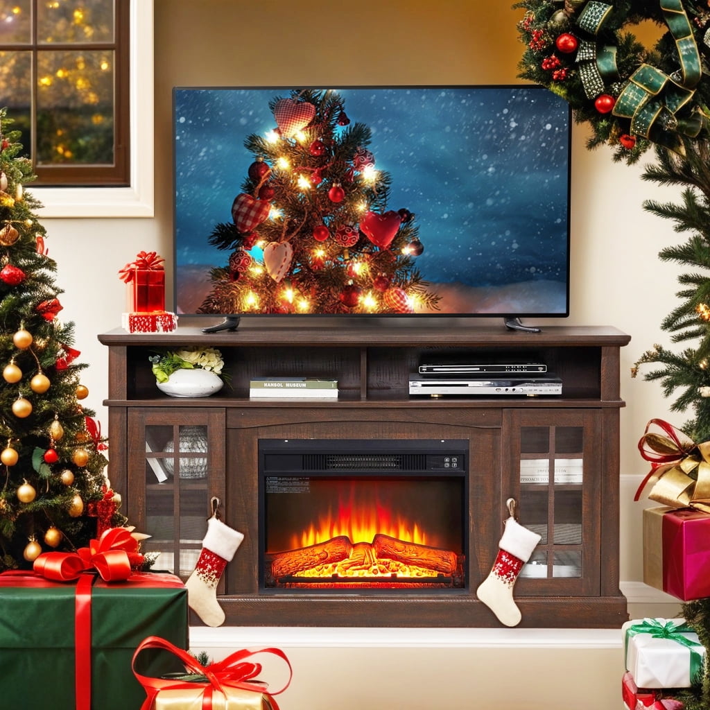 58" Farmhouse TV Stand with 23" Electric Fireplace Heater, Rustic Entertainment Center for TVs up to 65", Multi-Storage Cabinets, Espresso