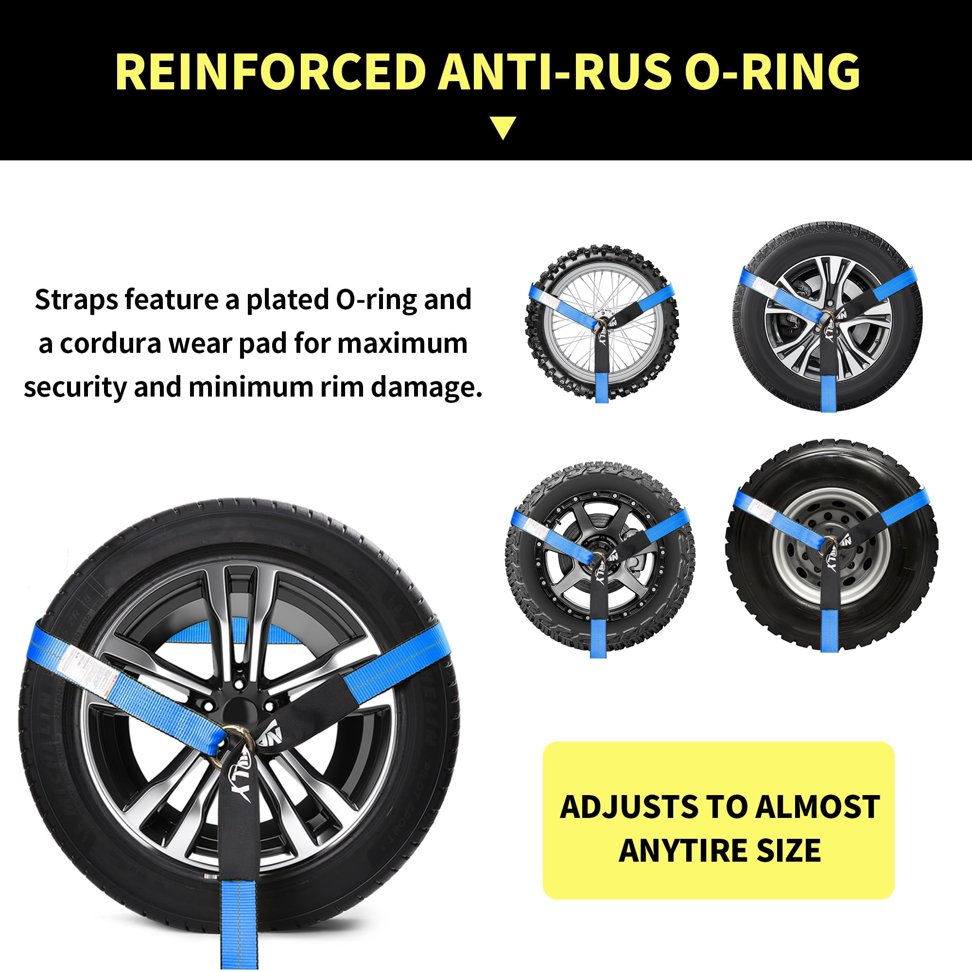 4 Pack Reflective Wheel Tie Down Straps for Trailers,Tire Ratchet Strap with Chain Anchors, 2" x 96" 9900 LBS Break Strength,Lasso Style Car Hauler Straps for Hauling UTV, SUV, Truck, Any Cars, Blue