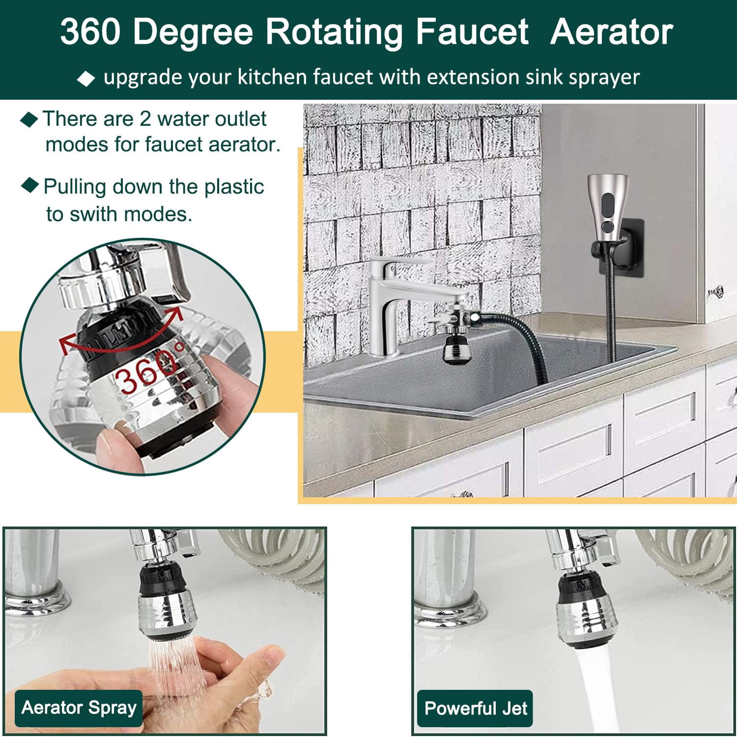 Kitchen Faucet Hose Sprayer Attachment For Tub & Sink  Black Stainless Steel Water Saving Aerator 3-way Diverter Valve