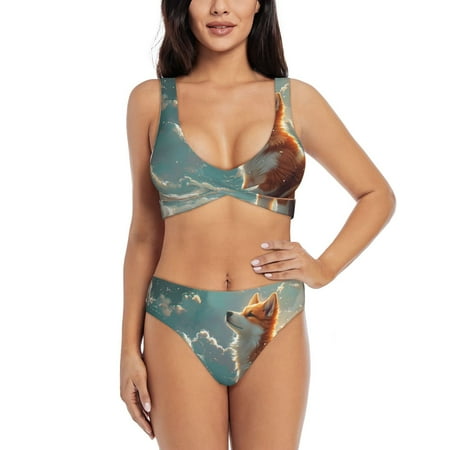 Zeuib Starry Sky Cloud Fox High Waisted Tummy Control Bikini Set - Knot Front Push Up Top & Cheeky Thong Bottom  Two-Piece Swimsuit for Women-Medium
