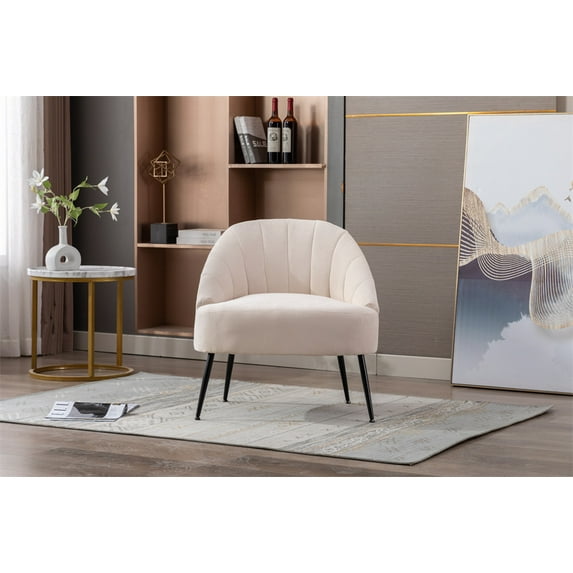 Accent Chair Modern Fabric Tufted Upholstered Armchair Lounge Chair with Scalloped Back & Arms & Black Metal Legs Comfy Single Sofa Chair Leisure Club Chair for Living Room Bedroom Office Creme White