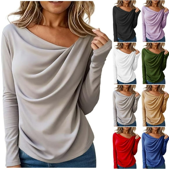 QATAINLAV Womens Cowl Neck T-Shirt Slim Fit Draped Front Long Sleeve Tops Solid Color Basic Tee Shirts, Purple, M