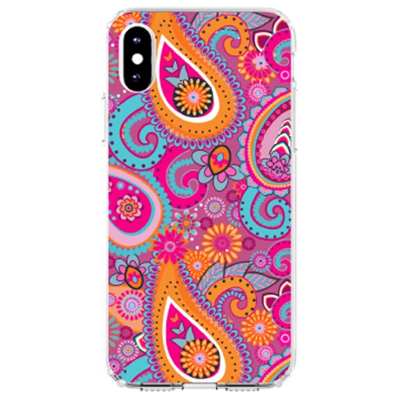 DistinctInk Clear Shockproof Hybrid Case for iPhone X / XS (5.8" Screen) - TPU Bumper, Acrylic Back, Tempered Glass Screen Protector - Pink Blue Orange Paisley