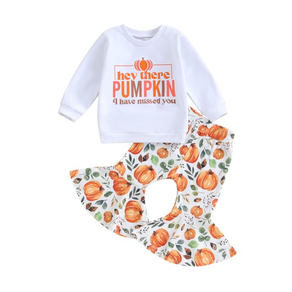 LMLYSoH Toddler Girls 2 Piece Outfits Halloween Letter Pumpkin Print Long Sleeve Sweatshirt and Flare Pants Set Cute Clothes