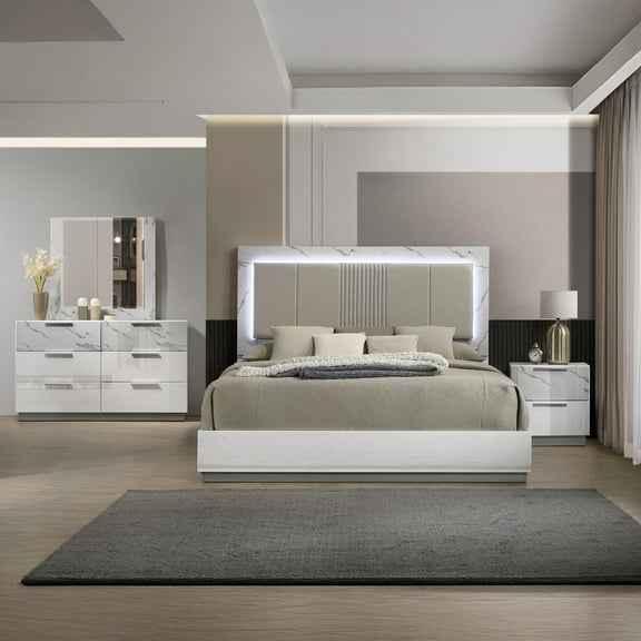 Mist 4PC Queen bedroom Set made with Wood Lacquer & Marble Detailing in White