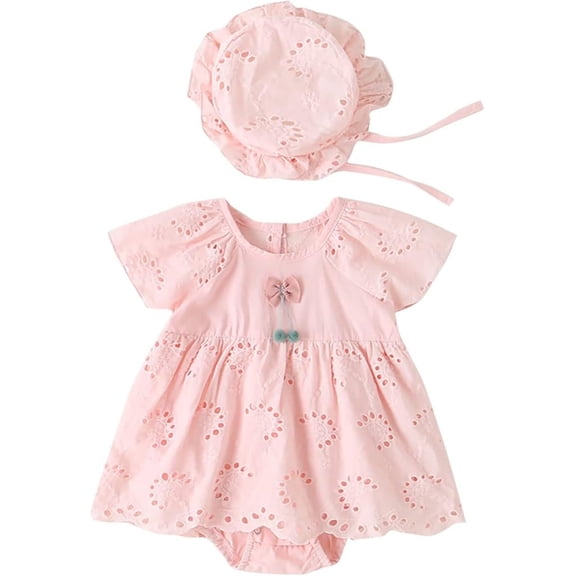 Charming Baby Girl Pink Cotton Romper Dress with Matching Hat