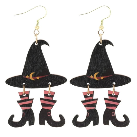 DESIGNICE 2026 New Halloween Earrings,Moon Witch Hat and Boots Statement Earrings for Women,Wood Warp-Resistant Halloween Earrings for Women,Style1