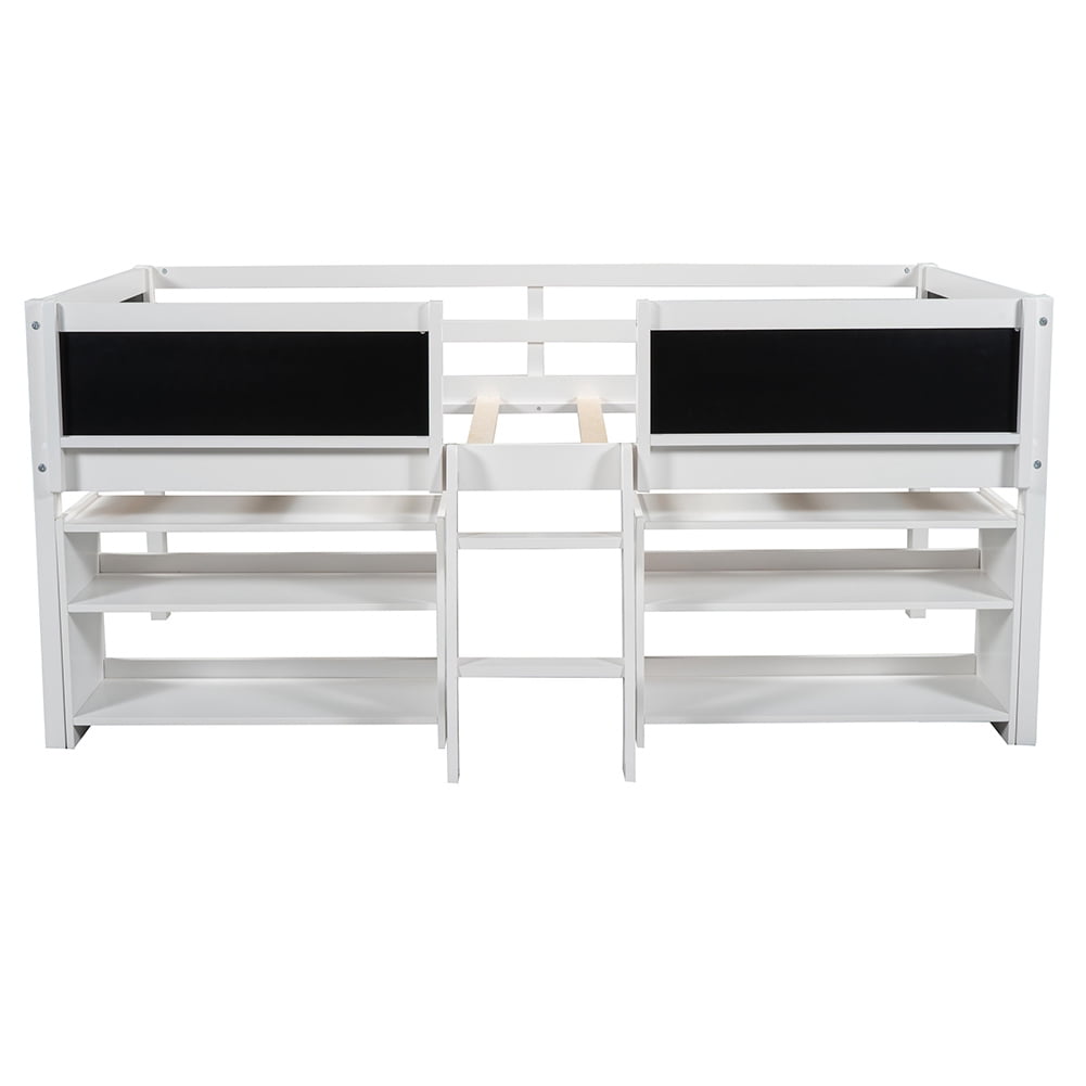 Kadyn Twin Size Low Loft Bed with Two Movable Shelves and Ladder,with Decorative Guardrail Chalkboard,White