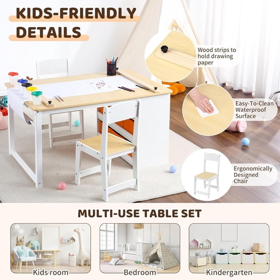Historyli 4 In 1 Art Table and Chair Set Wooden Furniture,Craft Large Storage Desk with Portable Art Supply Organizer,Drawing Desk,Activity and Study Table,Activity&Crafts,Yellow and white