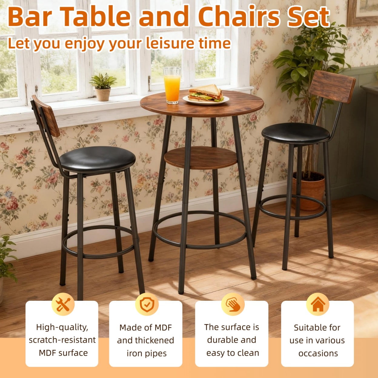 3 Piece Round Bar Table Set with 2 PU Leather Stools, Small Dining Table for 2 with 2-Tier Storage, Counter Height Pub Table Set for Kitchen, Cafe, Apartment, Brown