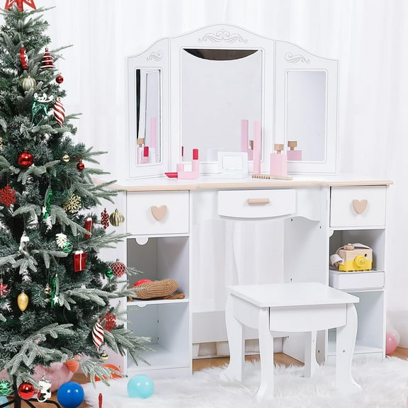 Kids Vanity Table and Chair Set Girls Vanity with Mirror and Drawer Vanity for Toddlers 3-5 Wood Makeup Dressing Table White