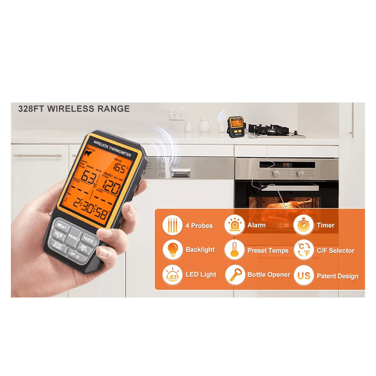 328Ft Wireless Meat Thermometer for Grilling Smoker BBQ Oven Digital Food Kitchen Thermometer with 4 Probes Alarm