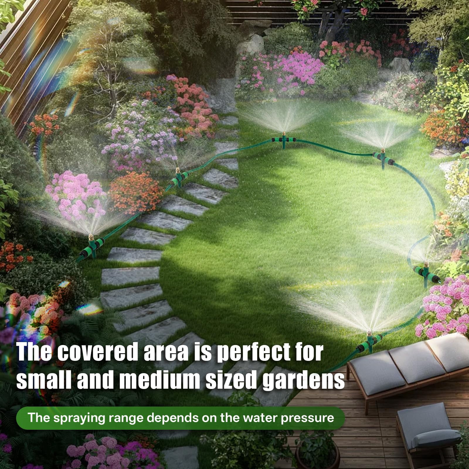 4 Pack Flexible Sprinkler System With Spike Base  Above Ground Kit Multi-adjustable Irrigation Set For Yard Lawn 32.5ft Garden Hose Included