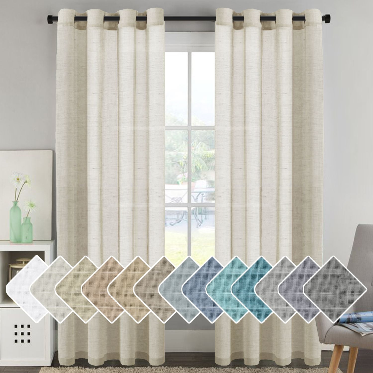 Classical Floral Semi Sheer Curtains 52"W X 84"L, Grey/Yellow, Grommet Top - 2 Panels