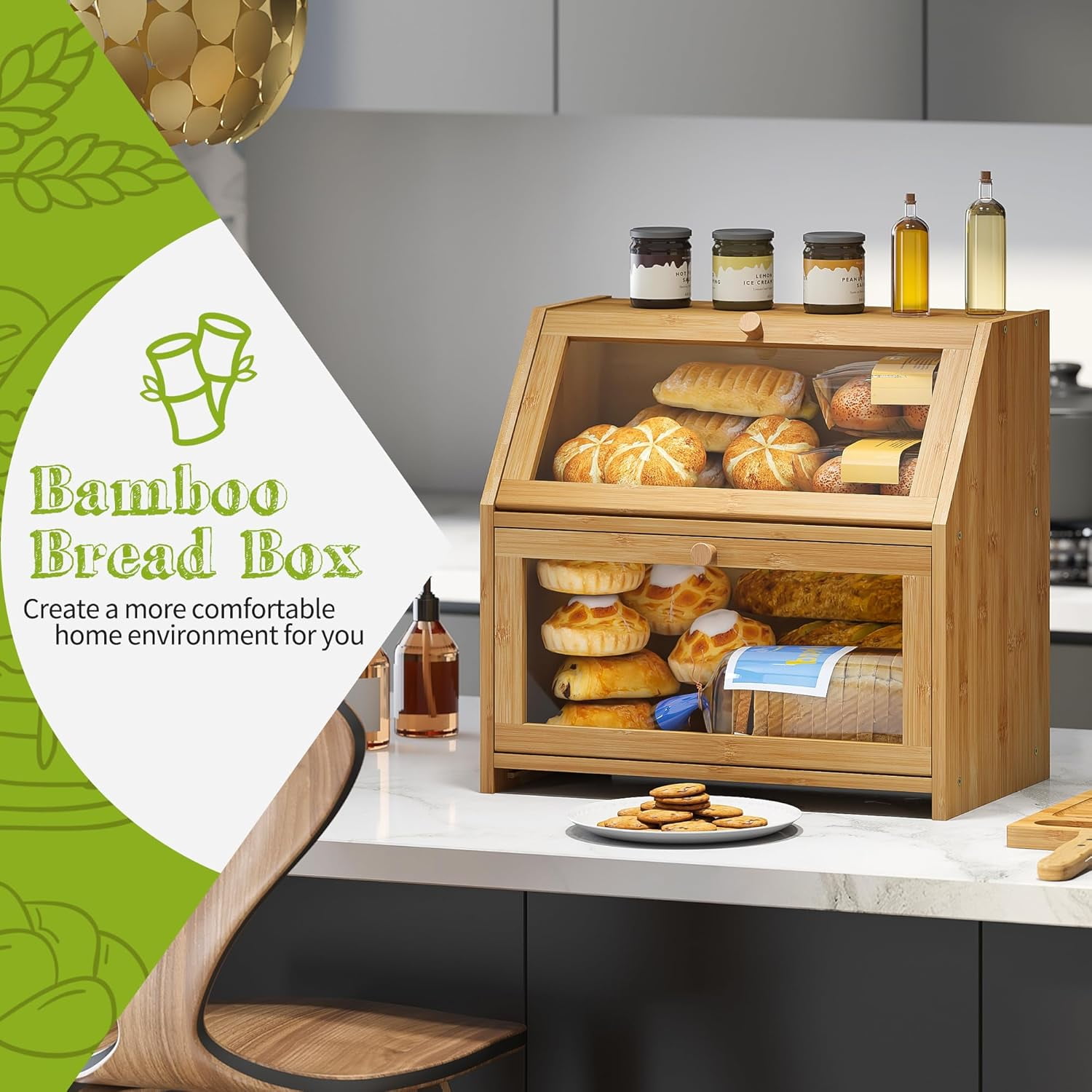 Bread Box with Cutting Board Kitchen Bread Storage Organizer Farmhouse Countertop Double Bamboo Wood Bread Box(Natural)