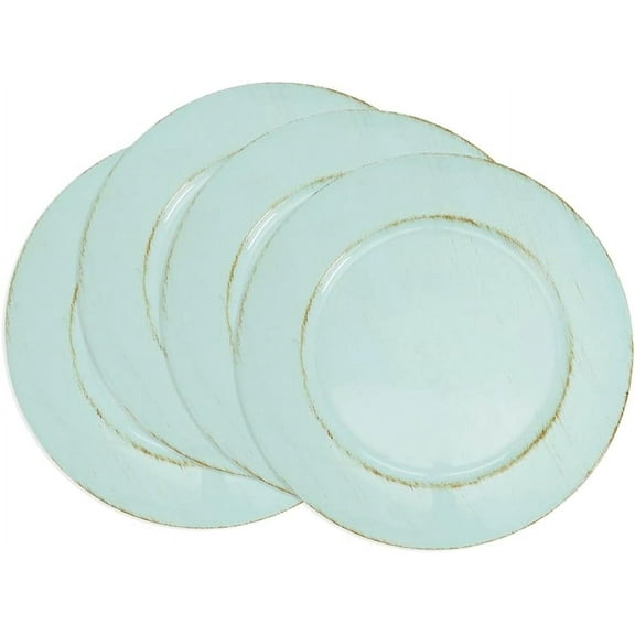 Fennco Styles Vintage Distressed Design Decorative Charger Plates 13" Round, Set of 4 – Duck Egg Blue Table Chargers for Banquets, Family Dinners, Special Events and Home Décor