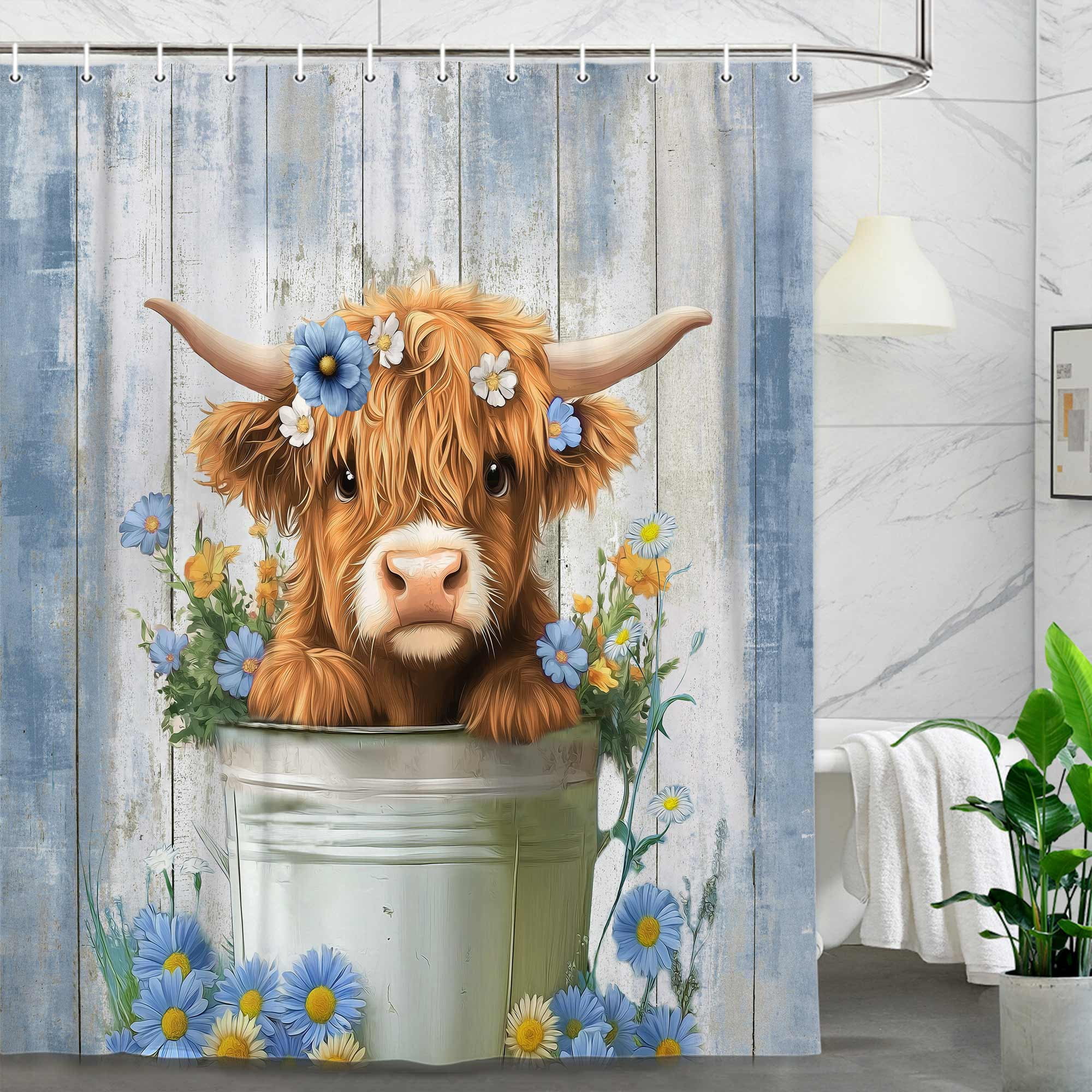 Funny Highland Cow Shower Curtain, Cute Farmhouse Blue Floral Western Wood Animal Shower Curtain Set, Country Rustic Turquoise Bathroom Accessories Set Decor with Hooks, 47X64in