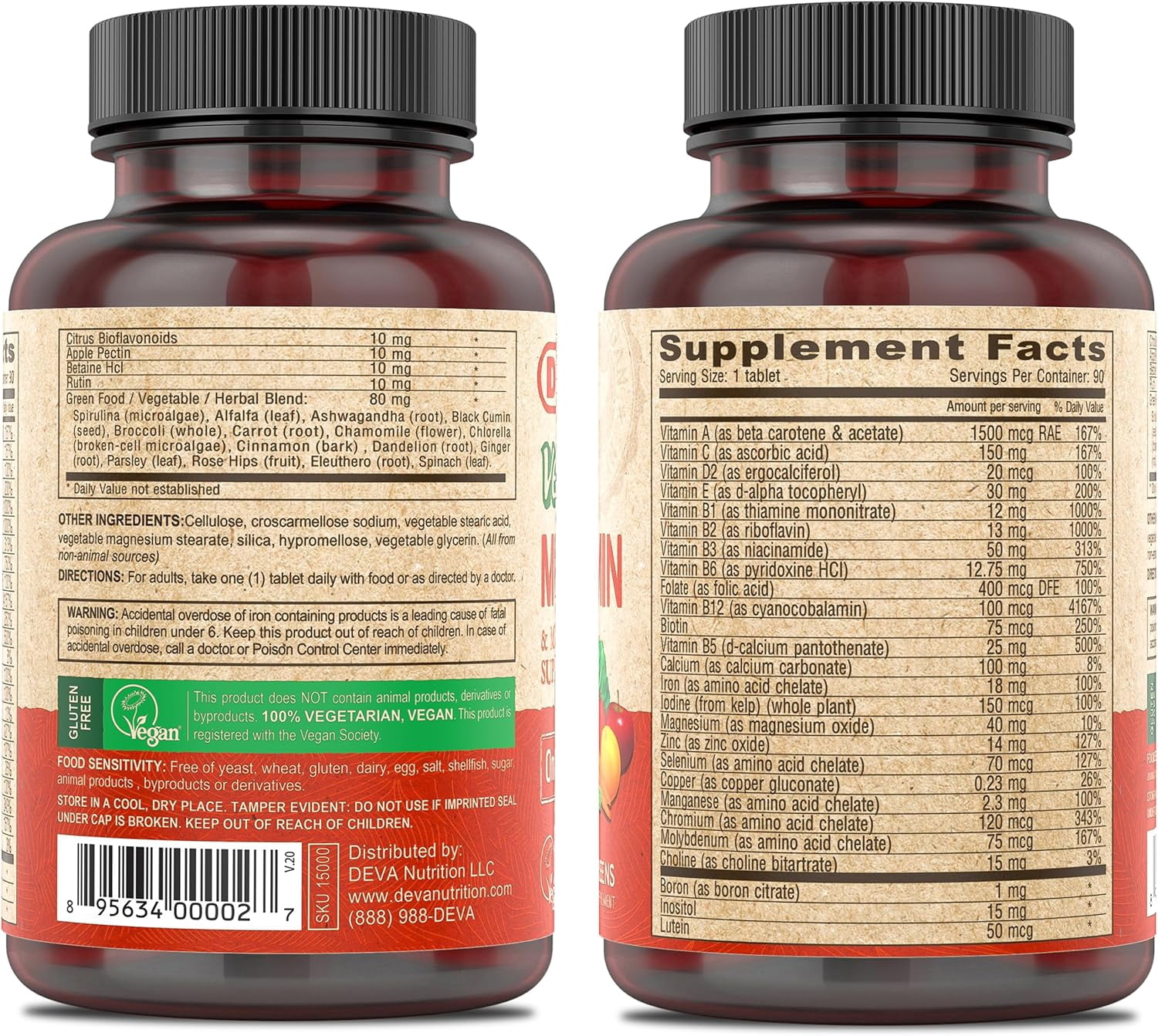 DEVA Vegan Multivitamin & Mineral Supplement with Iron 2-Pack, Spirulina, Chlorella, Ashwagandha, Broccoli & More, 90 Coated Tablets Each