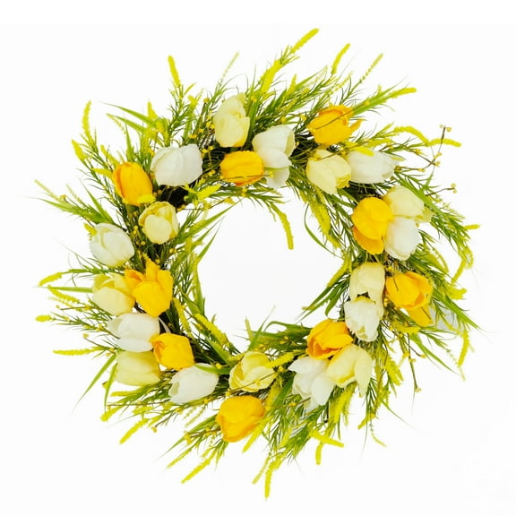 Puleo International 24" Artificial Tulip Floral Spring Door Wreath, Green/Yellow