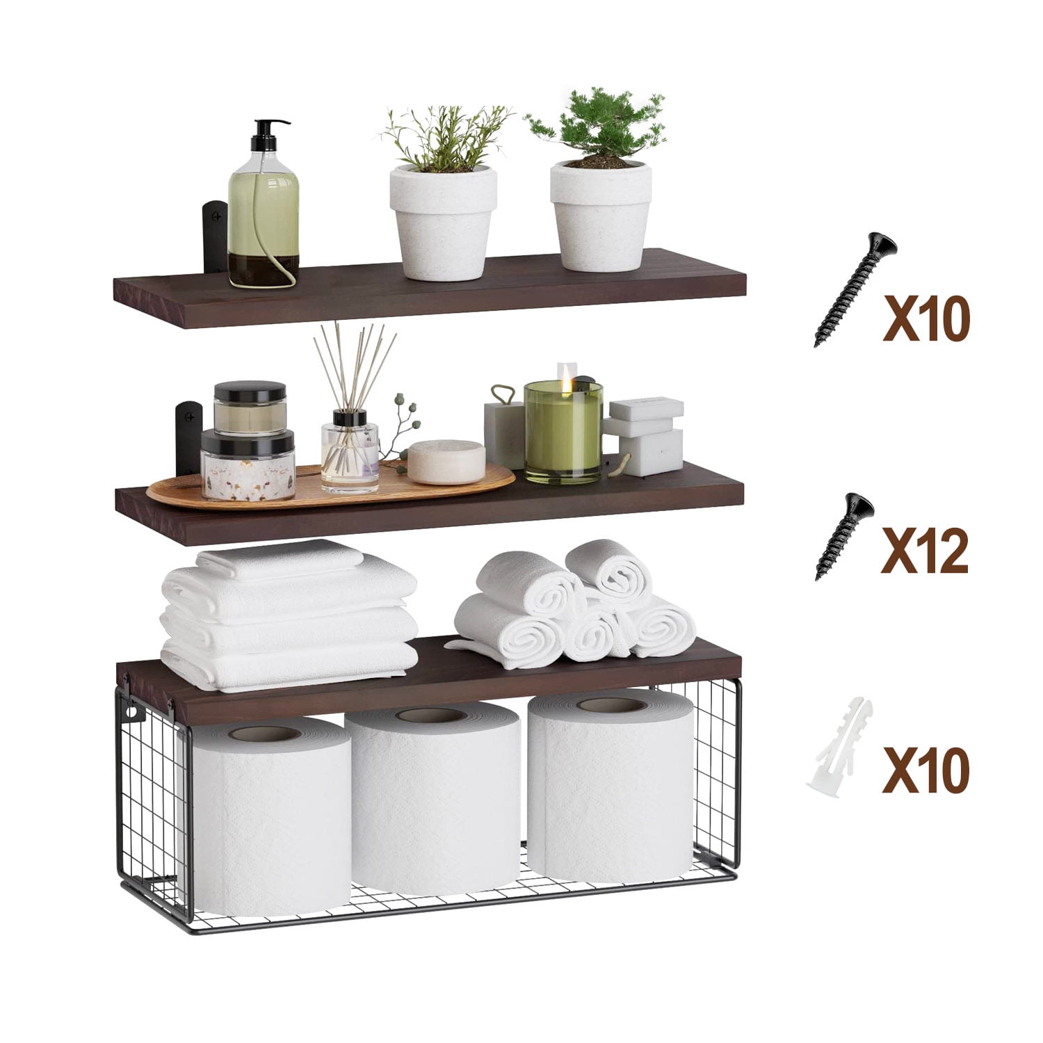 Zorpupoa Rustic Floating Shelves, Wall Mounted Wooden Bathroom Floating Shelves Over Toilet Shelves with Storage Basket for Living Room Kitchen Office, Brown