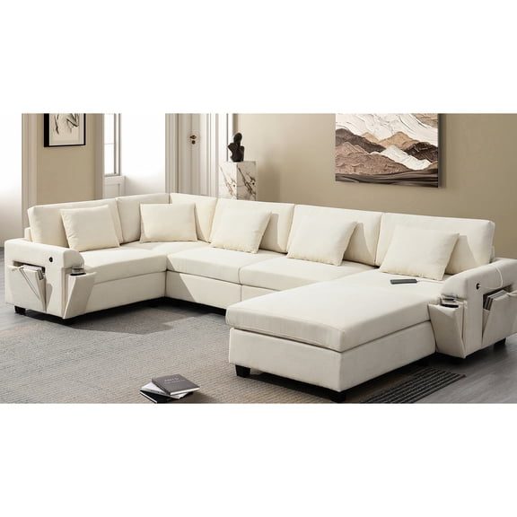 U-Shaped 6-Seat Sofa with Ottoman and Cup Holders / Ideal for Home Lounging and Entertainment