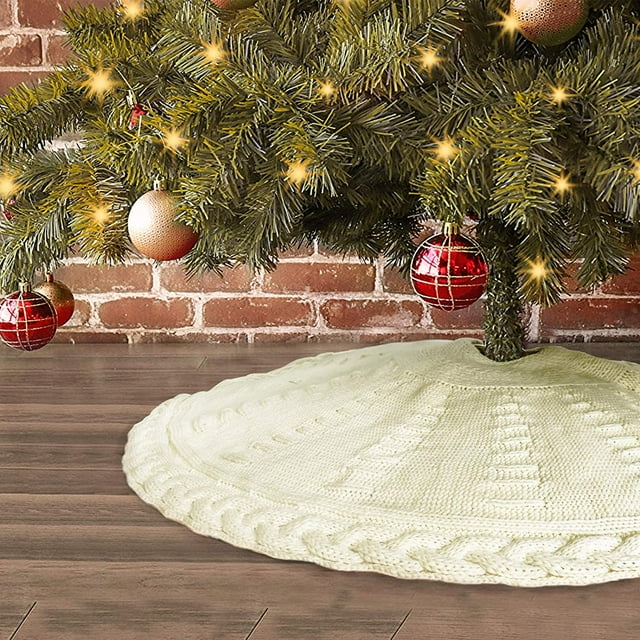 Knitted Christmas Tree Skirt, 36 Inches Cable Knit Edge, Rustic Heavy Yarn Tree Skirts for Xmas Decor Holiday Decoration, Cream White