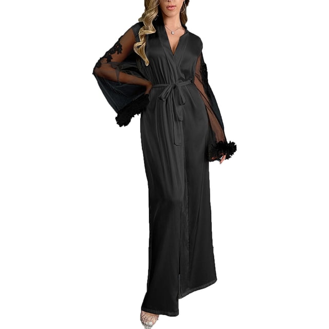 Robes for Women Satin Sheer Mesh Robe with Lace Embroidery Sleeves and VNeck for Women Satin Robe for Women