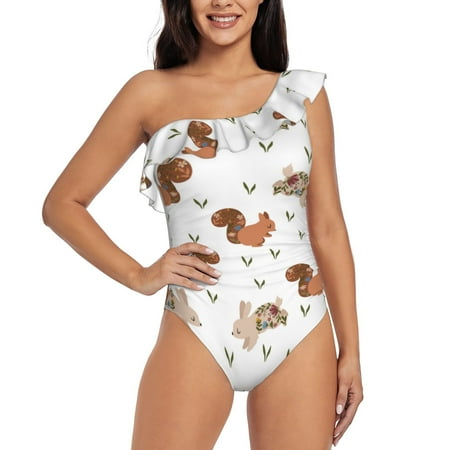 Sikiie Rabbit And Squirrel Print Women One Piece Swimsuits Tummy Control One Shoulder Bathing Suits Ruffle Swimwear  From S to XXL-Large