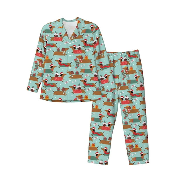 Fotbe Dachshund Christmas Play Pijama de Hombre con Estampado de Manga Larga, Conjunto de 2 Piezas, Ropa de Dormir Suave y Cómoda con Bolsillos-XX-Large