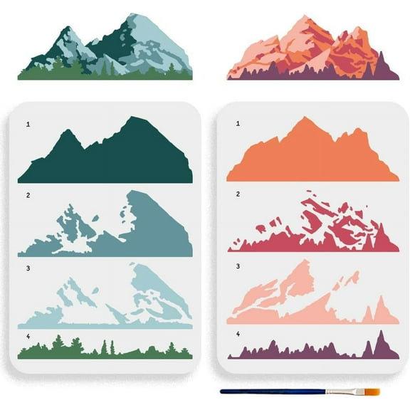 2pcs Layered Mountain Stencil 11.7×8.3inch Large Nature Mountain Forest Stencil Template with Paint Brush Reusable Tree Drawing Templates