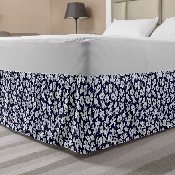 Navy and White Bed Skirt, Botanical Arrangement with Poppies in White