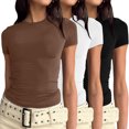 thumbnail image 1 of T-shirts Courts pour Femmes 3 Pcs, T-Shirts à Manches Courtes pour Femmes, Basiques, Coton, T-Shirts à Manches Longues pour Femmes, Hauts d'Extérieur, Coupe Ajustée, Chandails de Course, Hauts Courts, 1 of 8