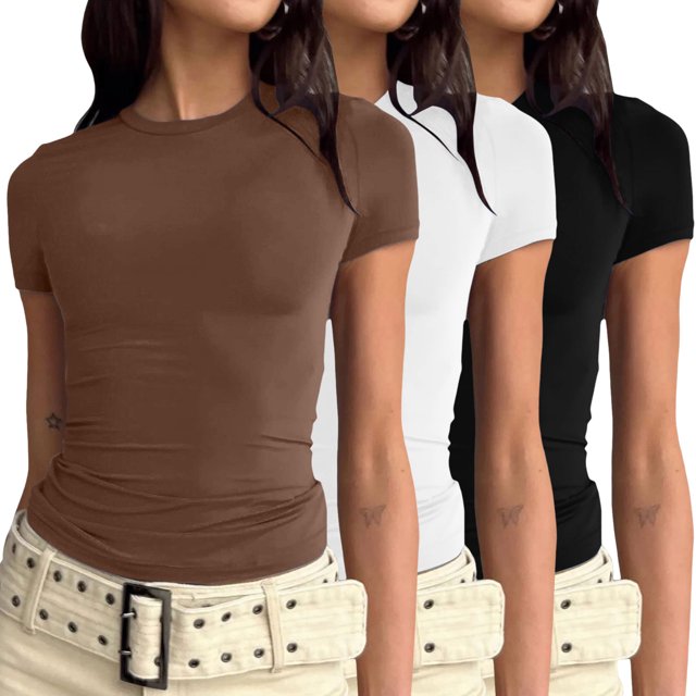 T-shirts Courts pour Femmes 3 Pcs, T-Shirts à Manches Courtes pour Femmes, Basiques, Coton, T-Shirts à Manches Longues pour Femmes, Hauts d'Extérieur, Coupe Ajustée, Chandails de Course, Hauts Courts